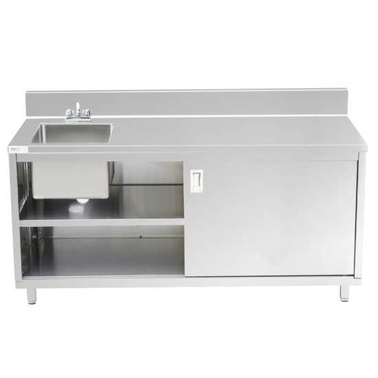 "Stainless steel work table with sink, 24"D x 72"L, featuring an enclosed base and sliding doors, ideal for food prep, cleaning, and efficient workspace organization in commercial kitchens."
