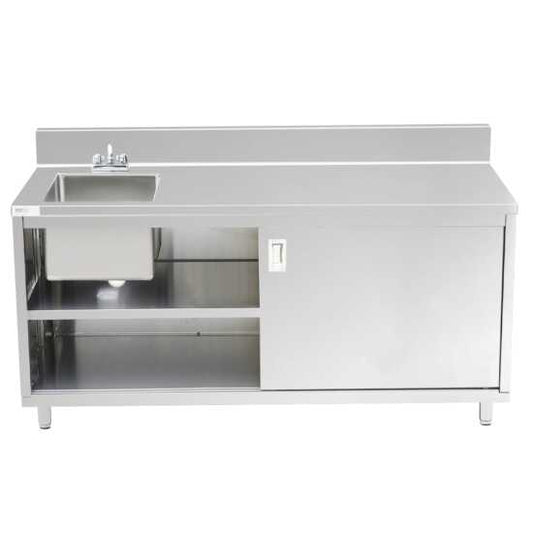 "Stainless steel work table with sink, 24"D x 72"L, featuring an enclosed base and sliding doors, ideal for food prep, cleaning, and efficient workspace organization in commercial kitchens."