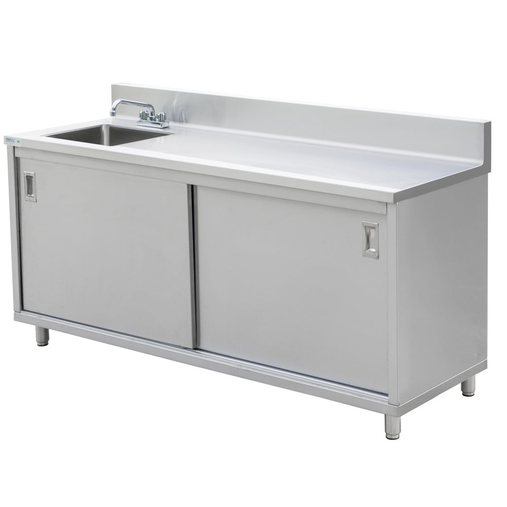 "Stainless steel work table with sink, 24"D x 72"L, featuring an enclosed base and sliding doors, ideal for food prep, cleaning, and efficient workspace organization in commercial kitchens."