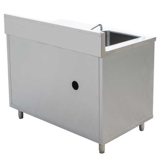 Stainless steel work table featuring a 30"D x 48"L design with an integrated sink, enclosed base, and sliding doors, perfect for food preparation, cleaning, and efficient workspace organization in kitchens.