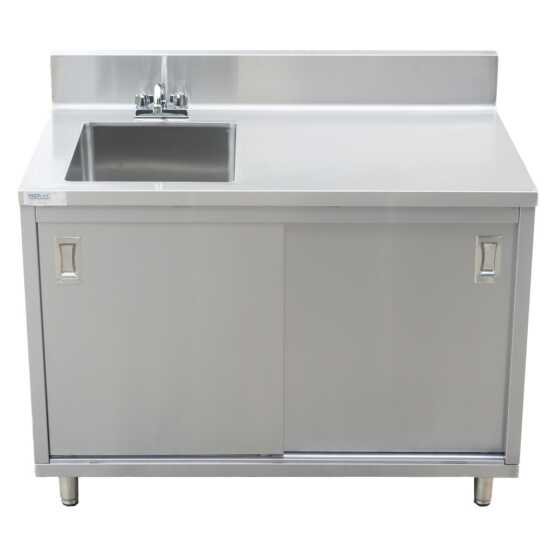 Stainless steel work table featuring a 30"D x 48"L design with an integrated sink, enclosed base, and sliding doors, perfect for food preparation, cleaning, and efficient workspace organization in kitchens.