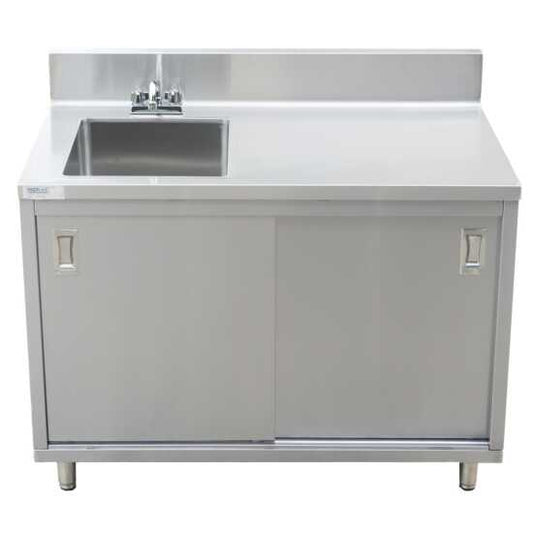 Stainless steel work table featuring a 30"D x 48"L design with an integrated sink, enclosed base, and sliding doors, perfect for food preparation, cleaning, and efficient workspace organization in kitchens.