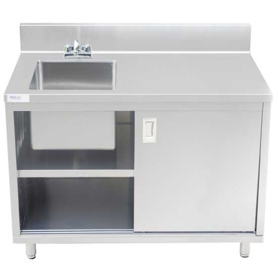 Stainless steel work table featuring a 30"D x 48"L design with an integrated sink, enclosed base, and sliding doors, perfect for food preparation, cleaning, and efficient workspace organization in kitchens.