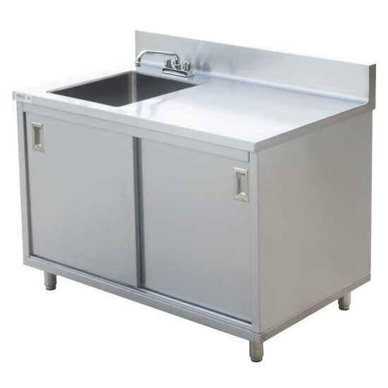 Stainless steel work table featuring a 30"D x 48"L design with an integrated sink, enclosed base, and sliding doors, perfect for food preparation, cleaning, and efficient workspace organization in kitchens.
