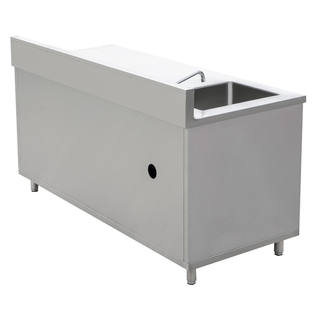 A stainless steel work table measuring 30" deep by 72" long, featuring an enclosed base with a sink and sliding doors, ideal for food prep in kitchens or restaurants, enhancing hygiene and efficiency.