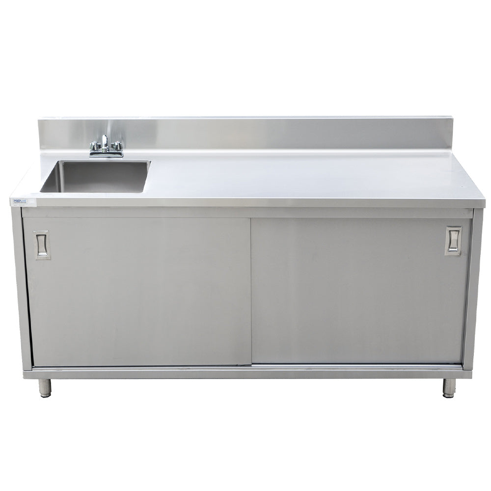 A stainless steel work table measuring 30" deep by 72" long, featuring an enclosed base with a sink and sliding doors, ideal for food prep in kitchens or restaurants, enhancing hygiene and efficiency.