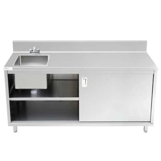A stainless steel work table measuring 30" deep by 72" long, featuring an enclosed base with a sink and sliding doors, ideal for food prep in kitchens or restaurants, enhancing hygiene and efficiency.