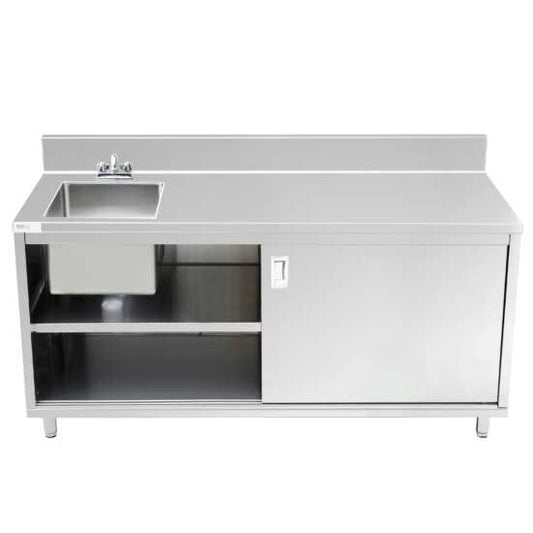 A stainless steel work table measuring 30" deep by 72" long, featuring an enclosed base with a sink and sliding doors, ideal for food prep in kitchens or restaurants, enhancing hygiene and efficiency.