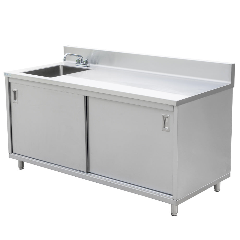 A stainless steel work table measuring 30" deep by 72" long, featuring an enclosed base with a sink and sliding doors, ideal for food prep in kitchens or restaurants, enhancing hygiene and efficiency.