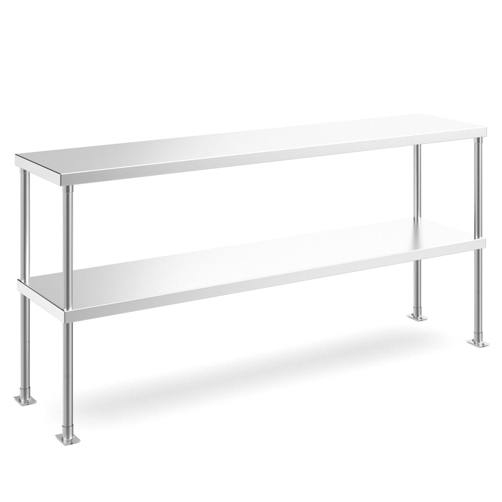 The Prepline PDOS-1436 is a 14-inch deep by 36-inch long stainless steel double overshelf, ideal for maximizing storage in kitchens, perfect for holding ingredients, utensils, and supplies."