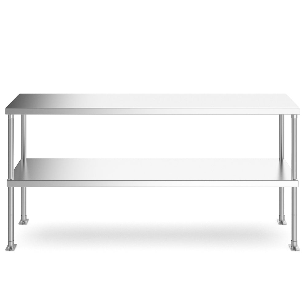 "Prepline PDOS-1448 stainless steel double overshelf, measuring 14"D x 48"L, ideal for maximizing kitchen space by providing additional storage for utensils, equipment, and ingredients in commercial settings."