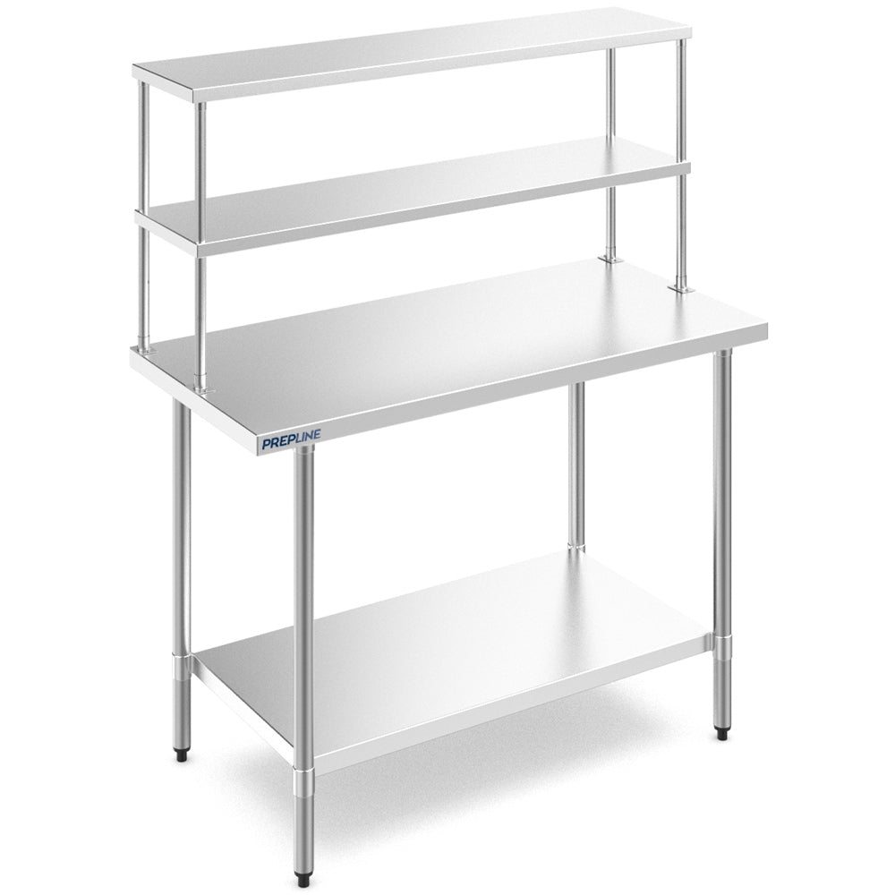 The Prepline PDOS-1846 18"D x 46"L stainless steel double overshelf provides sturdy, space-saving storage for kitchen equipment and supplies, enhancing organization in commercial kitchens and prep stations.
