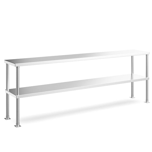 The Prepline PDOS-1470 14"D x 70"L stainless steel double overshelf adds valuable storage space for kitchen tools and ingredients, improving organization and efficiency in busy commercial kitchens.