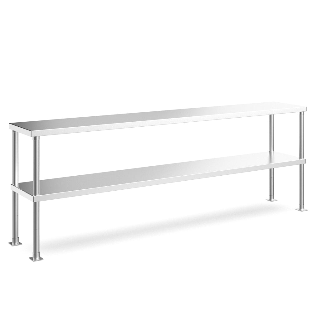 The Prepline PDOS-1472 14"D x 72"L stainless steel double overshelf offers expanded storage for kitchen tools and ingredients, boosting organization and productivity in commercial kitchens and prep areas.