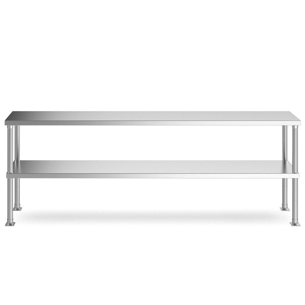 The Prepline PDOS-1470 14"D x 70"L stainless steel double overshelf adds valuable storage space for kitchen tools and ingredients, improving organization and efficiency in busy commercial kitchens.