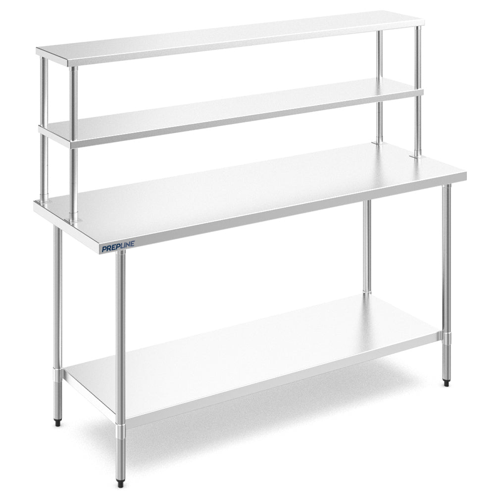 The Prepline PDOS-1470 14"D x 70"L stainless steel double overshelf adds valuable storage space for kitchen tools and ingredients, improving organization and efficiency in busy commercial kitchens.