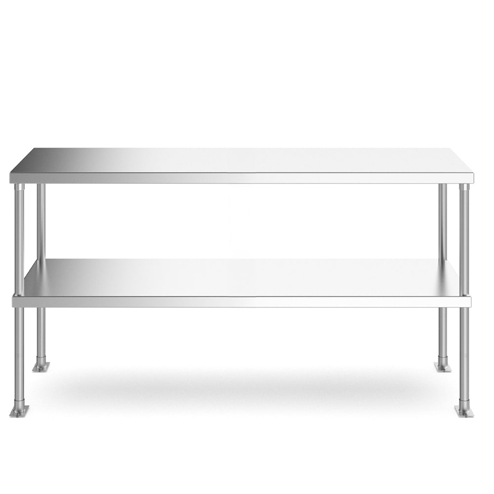 The Prepline PDOS-1846 18"D x 46"L stainless steel double overshelf provides sturdy, space-saving storage for kitchen equipment and supplies, enhancing organization in commercial kitchens and prep stations.
