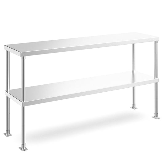 The Prepline PDOS-1846 18"D x 46"L stainless steel double overshelf provides sturdy, space-saving storage for kitchen equipment and supplies, enhancing organization in commercial kitchens and prep stations.