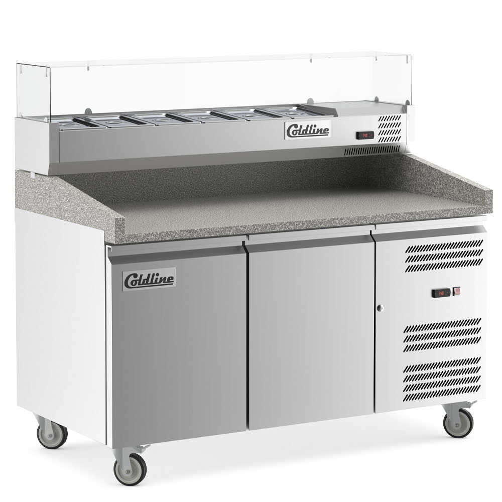 Coldline PDR-60-SG 60-inch refrigerated pizza prep table with a refrigerated glass topping rail. Perfect for pizzerias, featuring a glass rail to keep toppings fresh and visible while prepping pizzas.