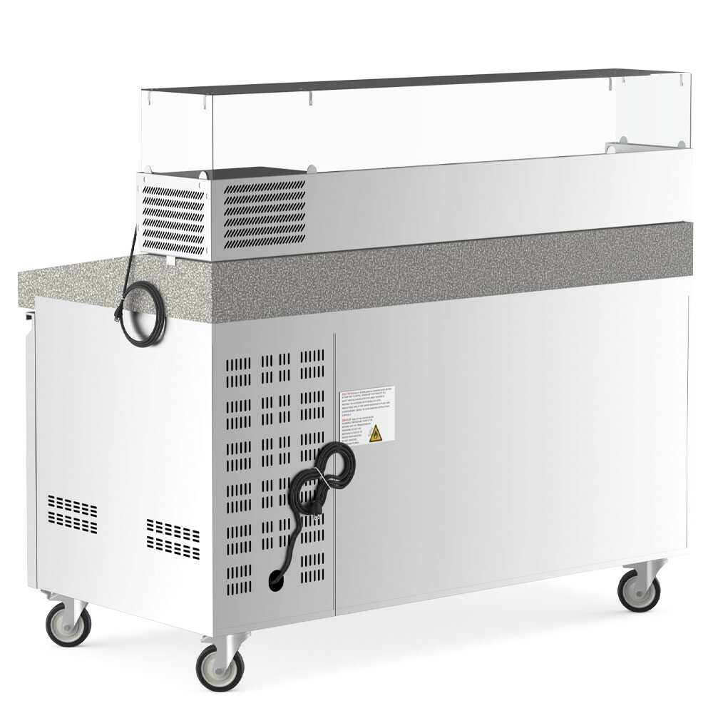 Coldline PDR-60-SG 60-inch refrigerated pizza prep table with a refrigerated glass topping rail. Perfect for pizzerias, featuring a glass rail to keep toppings fresh and visible while prepping pizzas.