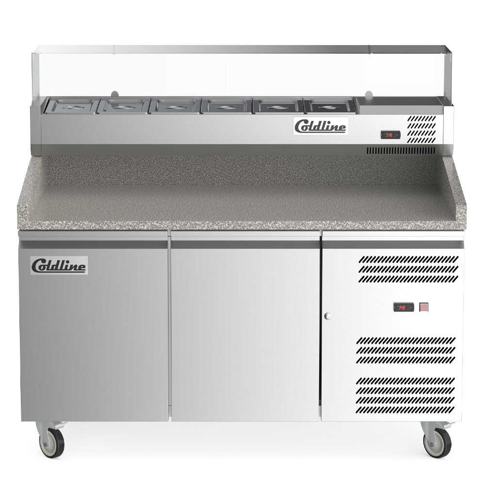 Coldline PDR-60-SG 60-inch refrigerated pizza prep table with a refrigerated glass topping rail. Perfect for pizzerias, featuring a glass rail to keep toppings fresh and visible while prepping pizzas.