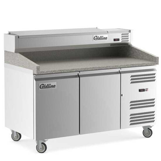 Coldline PDR-60-SS 60-inch refrigerated pizza prep table with a refrigerated stainless topping rail. Ideal for pizzerias, this table keeps ingredients fresh and accessible while offering a durable prep surface.