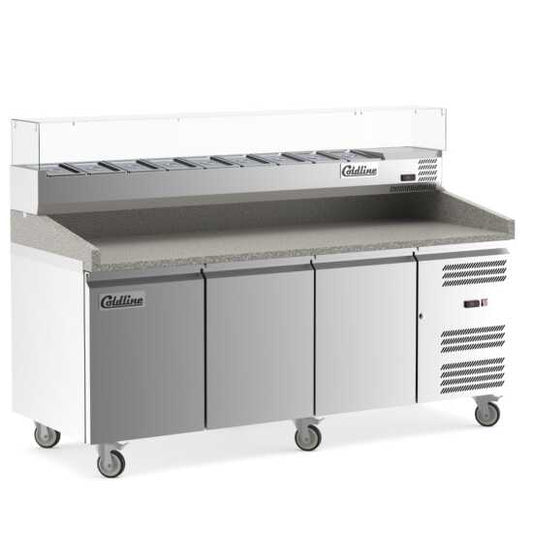 The Coldline PDR-80-SG is an 80-inch refrigerated pizza prep station with a glass topping rail, designed for pizzerias and restaurants to keep ingredients fresh and accessible during pizza preparation.