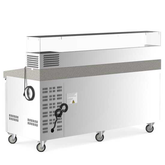 The Coldline PDR-80-SG is an 80-inch refrigerated pizza prep station with a glass topping rail, designed for pizzerias and restaurants to keep ingredients fresh and accessible during pizza preparation.