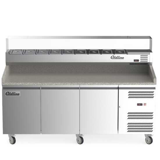 The Coldline PDR-80-SG is an 80-inch refrigerated pizza prep station with a glass topping rail, designed for pizzerias and restaurants to keep ingredients fresh and accessible during pizza preparation.