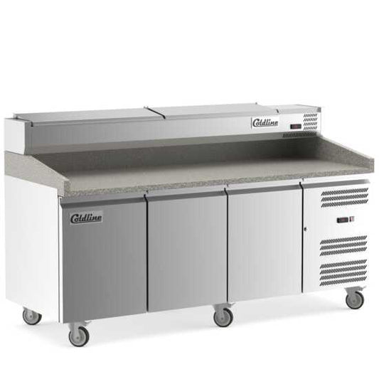 The Coldline PDR-80-SS is an 80-inch refrigerated pizza prep station with a stainless steel topping rail, ideal for restaurants to maintain ingredient freshness and streamline pizza preparation.