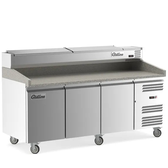 Coldline PDR-80N-SS 80-inch refrigerated pizza prep dough retarder with stainless steel topping rail, designed for pizzerias to keep dough chilled and ingredients organized for fast, efficient pizza preparation.