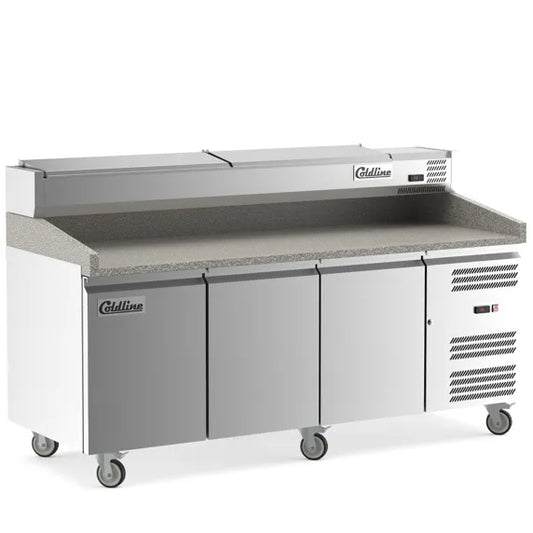 Coldline PDR-80N-SS 80-inch refrigerated pizza prep dough retarder with stainless steel topping rail, designed for pizzerias to keep dough chilled and ingredients organized for fast, efficient pizza preparation.