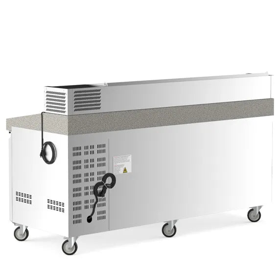 Coldline PDR-80N-SS 80-inch refrigerated pizza prep dough retarder with stainless steel topping rail, designed for pizzerias to keep dough chilled and ingredients organized for fast, efficient pizza preparation.