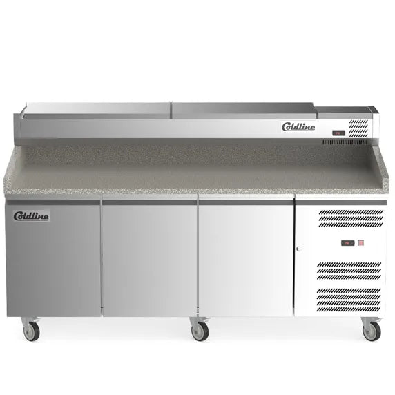 Coldline PDR-80N-SS 80-inch refrigerated pizza prep dough retarder with stainless steel topping rail, designed for pizzerias to keep dough chilled and ingredients organized for fast, efficient pizza preparation.