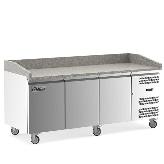 Coldline PDR-80-SS 80-inch refrigerated pizza prep table with a refrigerated stainless topping rail. Ideal for pizzerias, featuring a durable stainless rail to keep toppings fresh and an expansive prep area.