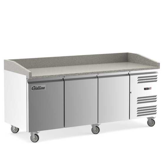 Coldline PDR-80 80-inch refrigerated pizza prep table with a marble top. Perfect for pizzerias, featuring a spacious marble surface for dough preparation and refrigerated storage for fresh ingredients.