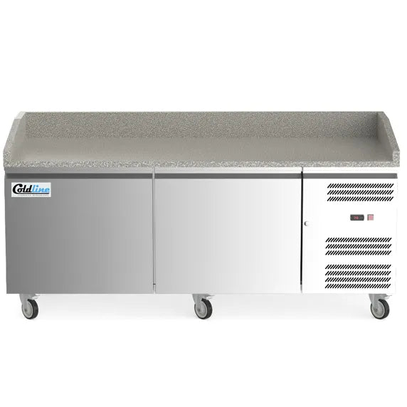 Coldline PDR-80W 80-inch two-door refrigerated pizza prep dough retarder with marble top, designed for pizzerias to keep dough chilled and provide a durable workspace for efficient pizza preparation.