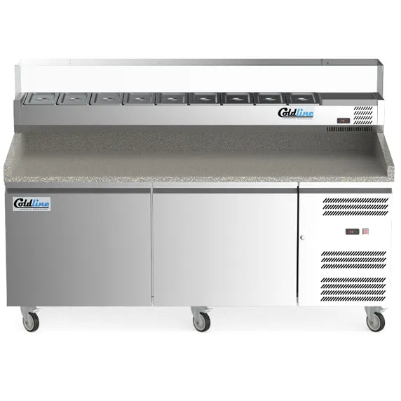 Coldline PDR-80W-SG 80-inch two-door refrigerated pizza prep dough retarder with glass topping rail, designed for pizzerias to store dough at controlled temperatures and keep ingredients chilled and visible for quick access.