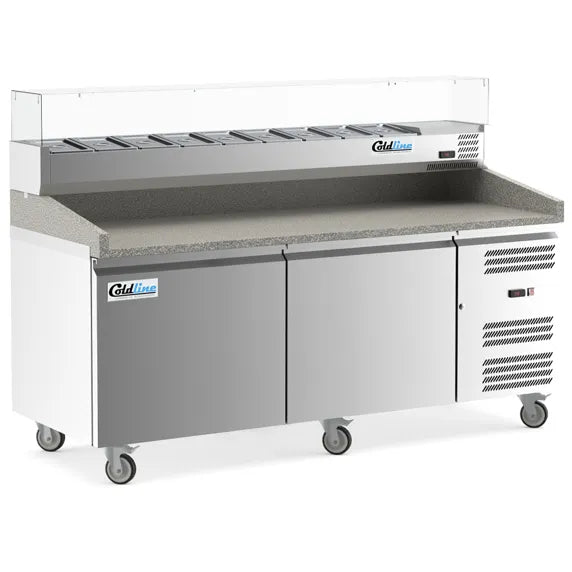 Coldline PDR-80W-SG 80-inch two-door refrigerated pizza prep dough retarder with glass topping rail, designed for pizzerias to store dough at controlled temperatures and keep ingredients chilled and visible for quick access.