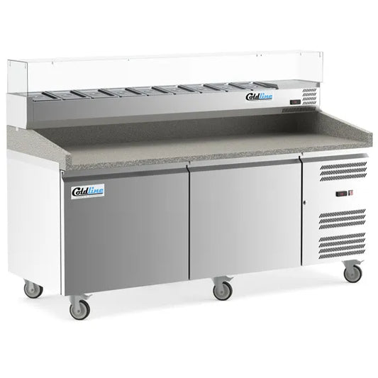 Coldline PDR-80W-SG 80-inch two-door refrigerated pizza prep dough retarder with glass topping rail, designed for pizzerias to store dough at controlled temperatures and keep ingredients chilled and visible for quick access.