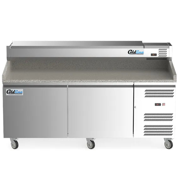 Coldline PDR-80W-SS 80-inch two-door refrigerated pizza prep dough retarder with stainless steel topping rail, designed for pizzerias to keep dough chilled and ingredients organized for fast, efficient pizza preparation.