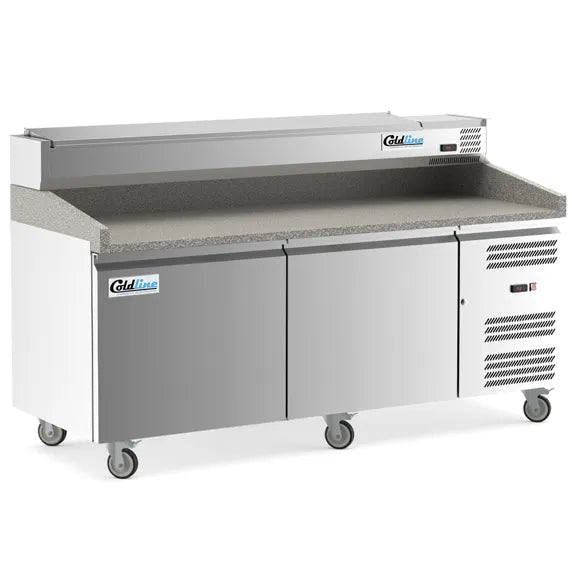 Coldline PDR-80W-SS 80-inch two-door refrigerated pizza prep dough retarder with stainless steel topping rail, designed for pizzerias to keep dough chilled and ingredients organized for fast, efficient pizza preparation.