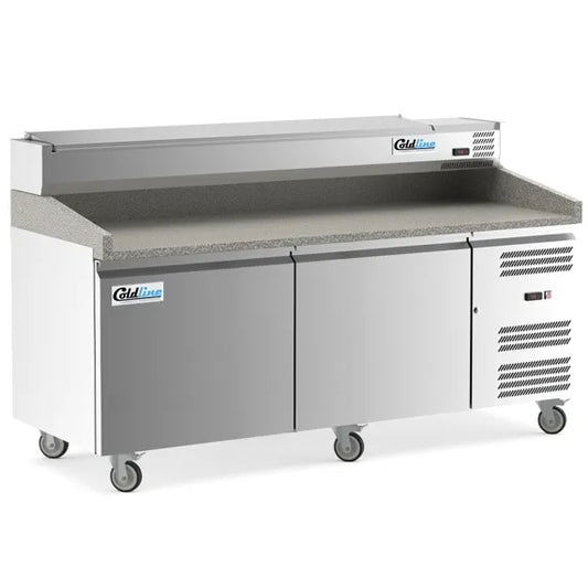 Coldline PDR-80W-SS 80-inch two-door refrigerated pizza prep dough retarder with stainless steel topping rail, designed for pizzerias to keep dough chilled and ingredients organized for fast, efficient pizza preparation.