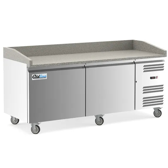 Coldline PDR-80W 80-inch two-door refrigerated pizza prep dough retarder with marble top, designed for pizzerias to keep dough chilled and provide a durable workspace for efficient pizza preparation.
