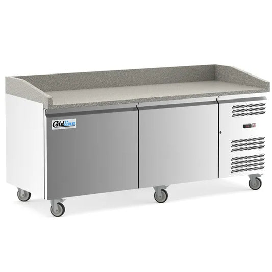 Coldline PDR-80W 80-inch two-door refrigerated pizza prep dough retarder with marble top, designed for pizzerias to keep dough chilled and provide a durable workspace for efficient pizza preparation.