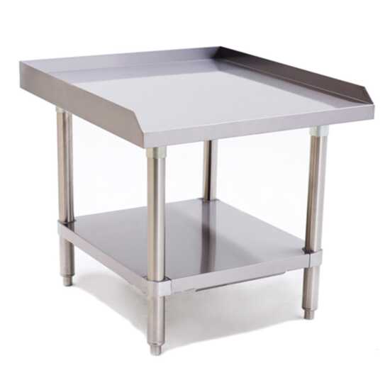 Prepline PES-2424 24-inch stainless steel equipment stand with sturdy legs, providing a durable work surface for commercial kitchens. Ideal for food prep and kitchen appliances. 