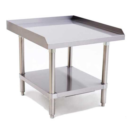 Prepline PES-2424 24-inch stainless steel equipment stand with sturdy legs, providing a durable work surface for commercial kitchens. Ideal for food prep and kitchen appliances. 