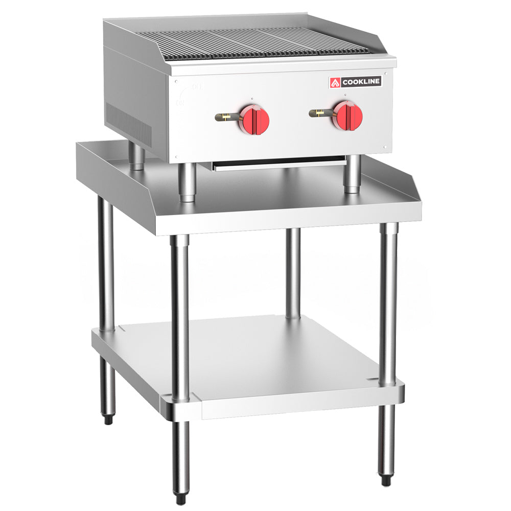 Prepline PES-3024 24-inch stainless steel equipment stand, featuring a sturdy design, adjustable feet, and a sleek finish, ideal for commercial kitchens and food service areas. 