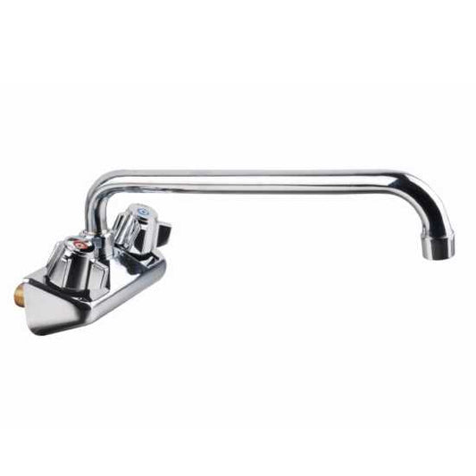 The Prepline PFW-4-10 wall-mounted 10" swing spout sink faucet offers versatile water access in commercial kitchens, with a durable design for dishwashing, food prep, and cleaning, ensuring efficiency.
