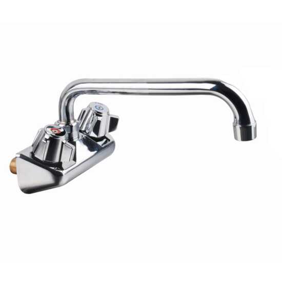 The Prepline PFW-4-8 wall-mounted 8" swing spout sink faucet provides efficient water flow in commercial kitchens, ideal for dishwashing, food prep, and cleaning with its durable and versatile design.